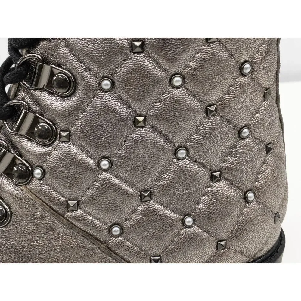 Marc Fisher Silver Metallic Lug Sole Quilted Studded Lace Up Combat Boots Size 5
